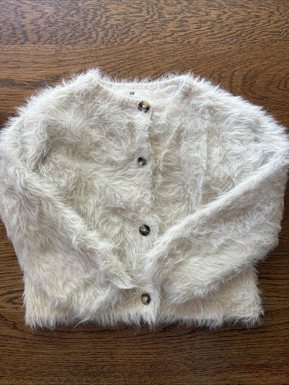 H&M Fuzzy Wool Blend Knit Button DownCardigan in Cream